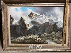 Peinture à l'huile signée ancienne J. E. Lemke Paysage de montagne alpine Cadre doré