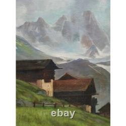 Peinture à l'huile suisse antique sur toile Vue du paysage de montagnes Signée et datée.