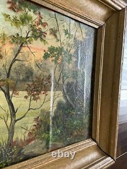 Peinture à l'huile sur carton paysage du lac et des bois antique de 1814 datée 43