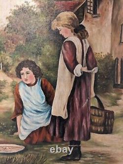 Peinture à l'huile sur toile américaine ancienne de la fin du XIXe siècle, jeunes femmes avec des oies