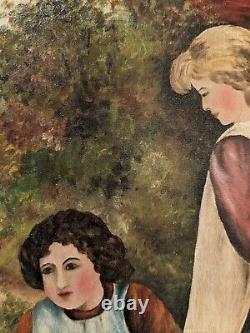 Peinture à l'huile sur toile américaine ancienne de la fin du XIXe siècle, jeunes femmes avec des oies