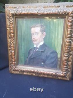 Peinture à l'huile sur toile ancienne Portrait d'homme à la moustache encadré Fin du XIXe siècle