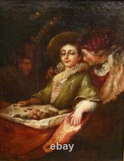 Peinture à l'huile sur toile ancienne d'une jeune femme encadrée en doré du 17ème siècle en FRANCE RARE