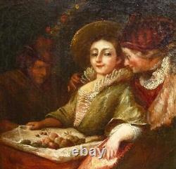 Peinture à l'huile sur toile ancienne d'une jeune femme encadrée en doré du 17ème siècle en FRANCE RARE