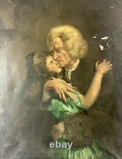 Peinture à l'huile sur toile d'un grand portrait réaliste d'un juge britannique et de son épouse, d'époque antique