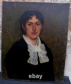 Peinture à l'huile sur toile de grand format de femme en portrait de la fin du XIXe siècle en français