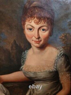 Peinture à l'huile sur toile de grande taille d'une noble dame en forme ovale de la fin du XVIIIe siècle
