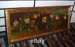 Peinture à l'huile sur toile de tulipes victoriennes antiques en longueur de cour, encadrée