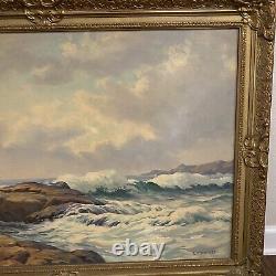 Peinture à l'huile vintage sur toile encadrée signée EW Roberts, plage côtière aux vagues rocheuses