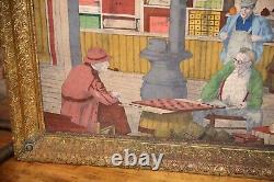 Peinture abstraite à l'huile de comptoir de magasin général antique avec cadre en bois doré