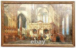 Peinture ancienne, Huile sur toile, Signée, A. Bentley Scène de cathédrale, 19e/20e siècle