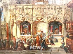 Peinture ancienne, Huile sur toile, Signée, A. Bentley Scène de cathédrale, 19e/20e siècle