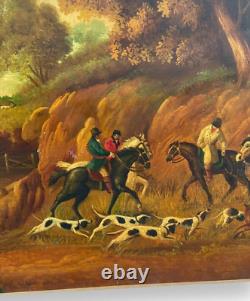 Peinture ancienne à l'huile sur toile Chasse Vénerie Cheval Chiens Paysage Rare Ancien 20ème siècle