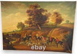 Peinture ancienne à l'huile sur toile Chasse Vénerie Cheval Chiens Paysage Rare Ancien 20ème siècle