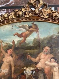 Peinture ancienne à l'huile sur toile : Couronne de Silène, Bacchantes, Satyres, Art rare du XIXe siècle.