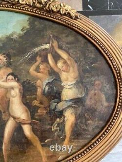 Peinture ancienne à l'huile sur toile : Couronne de Silène, Bacchantes, Satyres, Art rare du XIXe siècle.