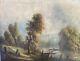 Peinture Ancienne à L'huile Sur Toile Paysage Lacustre Lac Bateaux Art Rare Vieux 19ème