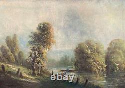 Peinture ancienne à l'huile sur toile Paysage Lacustre Lac Bateaux Art Rare Vieux 19ème