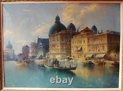 Peinture ancienne à l'huile sur toile de Venise signée avec un cadre en bois doré