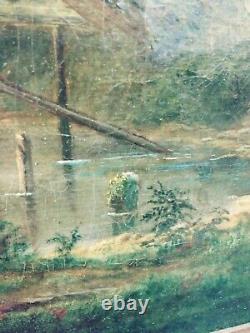 Peinture ancienne à l'huile sur toile paysage enfants pêchant vaches forêt pont