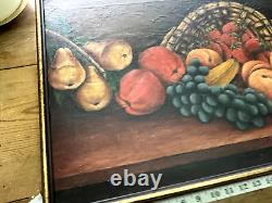 Peinture ancienne de fruits toujours vivants à l'huile sur toile de style victorien de grande taille