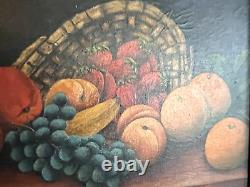 Peinture ancienne de fruits toujours vivants à l'huile sur toile de style victorien de grande taille