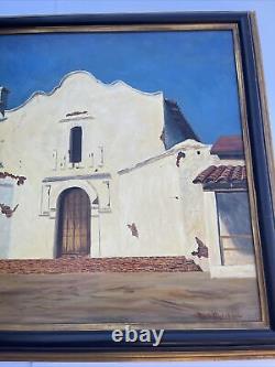 Peinture ancienne de mission californienne de San Diego, paysage en grand format, huile des années 1940