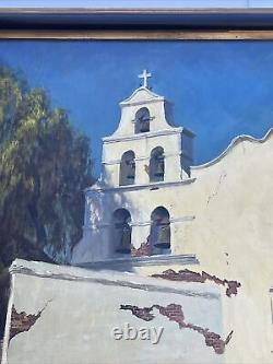 Peinture ancienne de mission californienne de San Diego, paysage en grand format, huile des années 1940