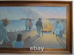 Peinture ancienne et grande de l'ère moderne signée Ek Camp Fire Coastal Wpa Ashcan Er