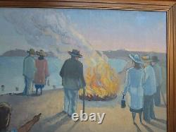 Peinture ancienne et grande de l'ère moderne signée Ek Camp Fire Coastal Wpa Ashcan Er