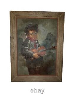 Peinture ancienne vintage de grand format à l'huile sur toile représentant un enfant jouant de la guitare, signée et encadrée