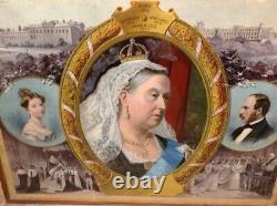 Peinture antique à l'huile sur papier de grande taille de la reine Victoria sous verre encadrée du 20ème siècle.