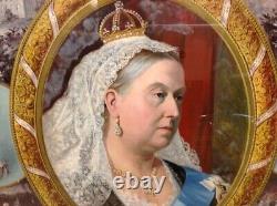 Peinture antique à l'huile sur papier de grande taille de la reine Victoria sous verre encadrée du 20ème siècle.