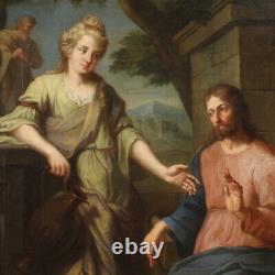 Peinture antique à l'huile sur toile de Jésus et de la femme samaritaine au puits du 17e siècle