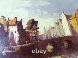 Peinture antique du paysage d'Amsterdam, canal Leidsegracht, Hein Hoppmann, GRANDE.