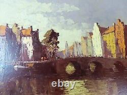 Peinture antique du paysage d'Amsterdam, canal Leidsegracht, Hein Hoppmann, GRANDE.