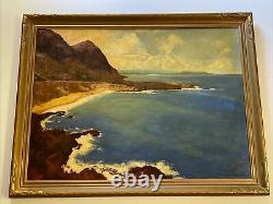 Peinture d'Estelle Kaiser: Plage côtière antique avec surf des années 1940, grand tableau à l'huile répertorié en Californie