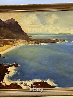 Peinture d'Estelle Kaiser: Plage côtière antique avec surf des années 1940, grand tableau à l'huile répertorié en Californie