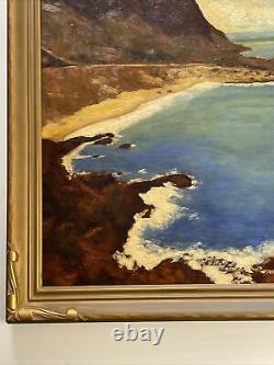 Peinture d'Estelle Kaiser: Plage côtière antique avec surf des années 1940, grand tableau à l'huile répertorié en Californie