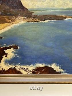 Peinture d'Estelle Kaiser: Plage côtière antique avec surf des années 1940, grand tableau à l'huile répertorié en Californie