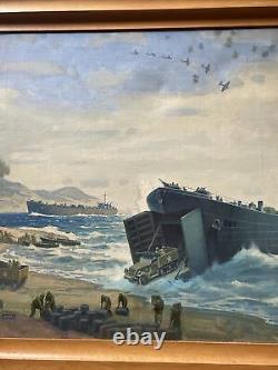 Peinture de bataille antique de guerre américaine, paysage côtier de plage militaire et soldats.