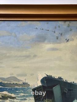 Peinture de bataille antique de guerre américaine, paysage côtier de plage militaire et soldats.