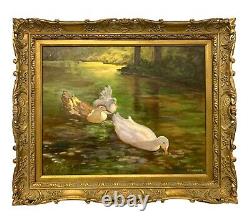Peinture de canards dans un étang, huile sur toile, signée P. Warren, art vintage