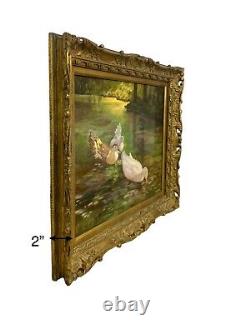 Peinture de canards dans un étang, huile sur toile, signée P. Warren, art vintage