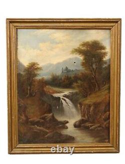 Peinture de grand paysage fluvial européen antique du 19e siècle avec château signée Adam