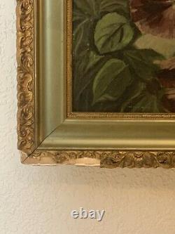 Peinture de nature morte florale à l'huile sur panneau du 19ème siècle dans un cadre en gesso doré.