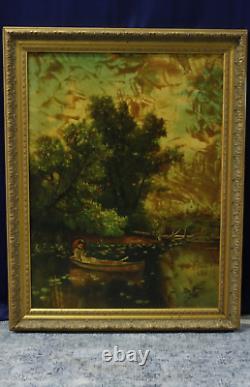 Peinture de paysage ancienne vintage à l'huile sur toile signée encadrée ART 48x38 Grand