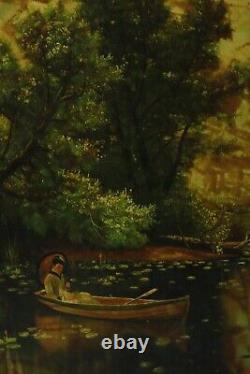 Peinture de paysage ancienne vintage à l'huile sur toile signée encadrée ART 48x38 Grand