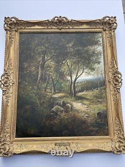 Peinture de paysage du 19ème siècle de Joseph Thors avec un grand cadre orné répertorié.