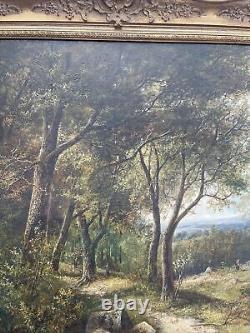 Peinture de paysage du 19ème siècle de Joseph Thors avec un grand cadre orné répertorié.